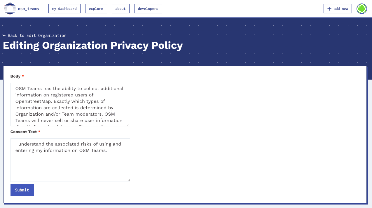 Edit organization privacy policy